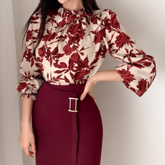 Women Suits Print Long Lantern Sleeve Shirt and Skirt Set - Picture 2 of 9